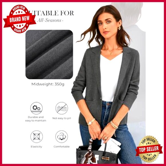 Knit Blazer Jacket Lightweight Cropped Fitted Business Casual Office Wear - Picture 4 of 7